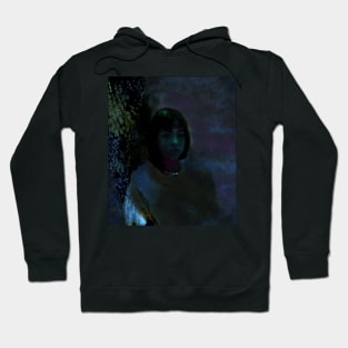 Portrait, digital collage and special processing. Lovely girl, sitting near tree. Night dreams. Blue and aquamarine. Hoodie